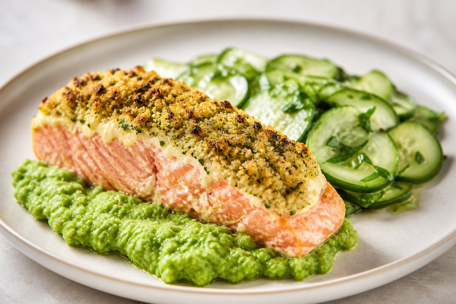 Pastel Proteico de Salmón y Requesón con Costra de Hierbas, Puré de Guisantes y Pepino Templado