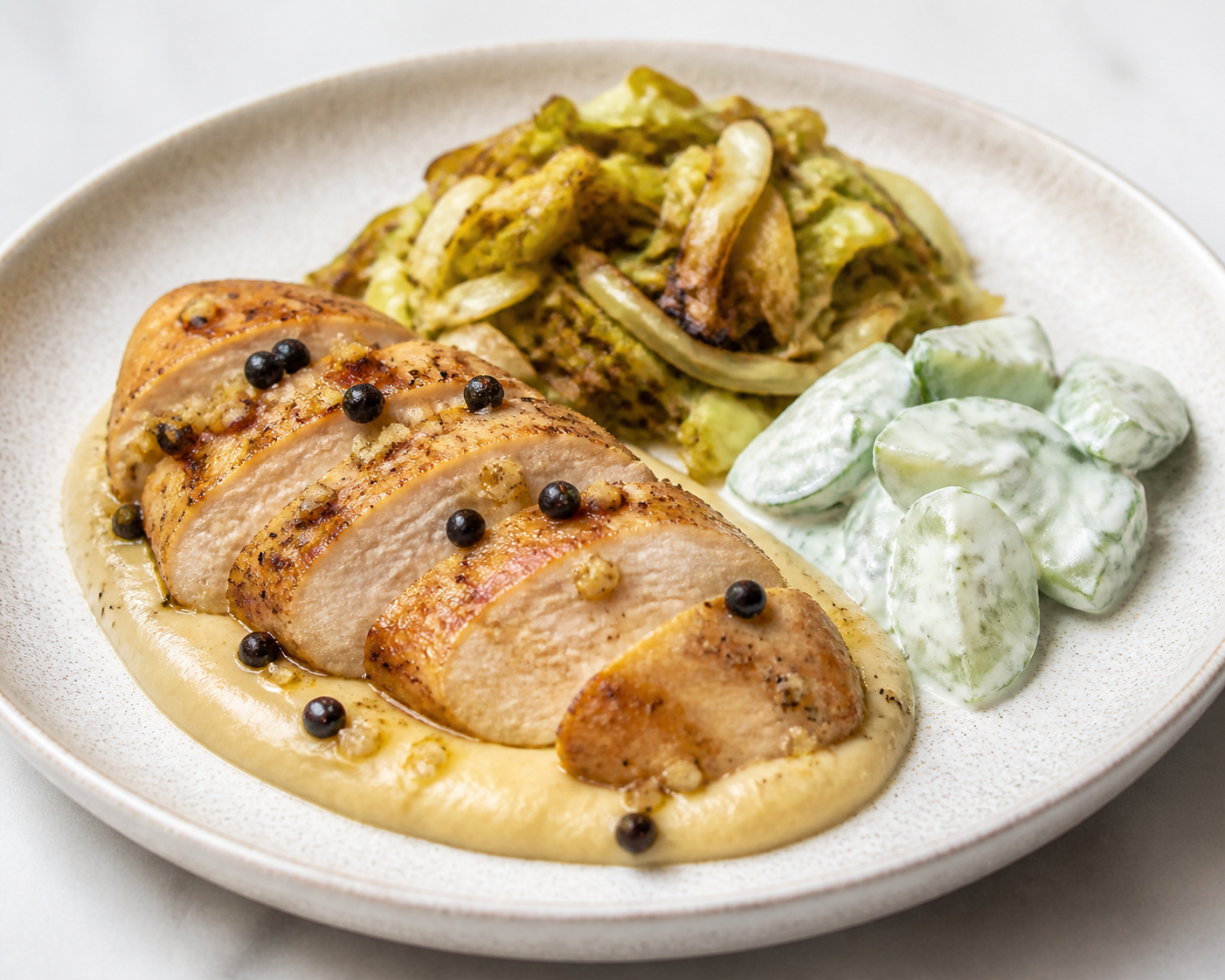 Juniper Chicken with Rutabaga Cream, Sautéed Cabbage and Yogurt Cucumber