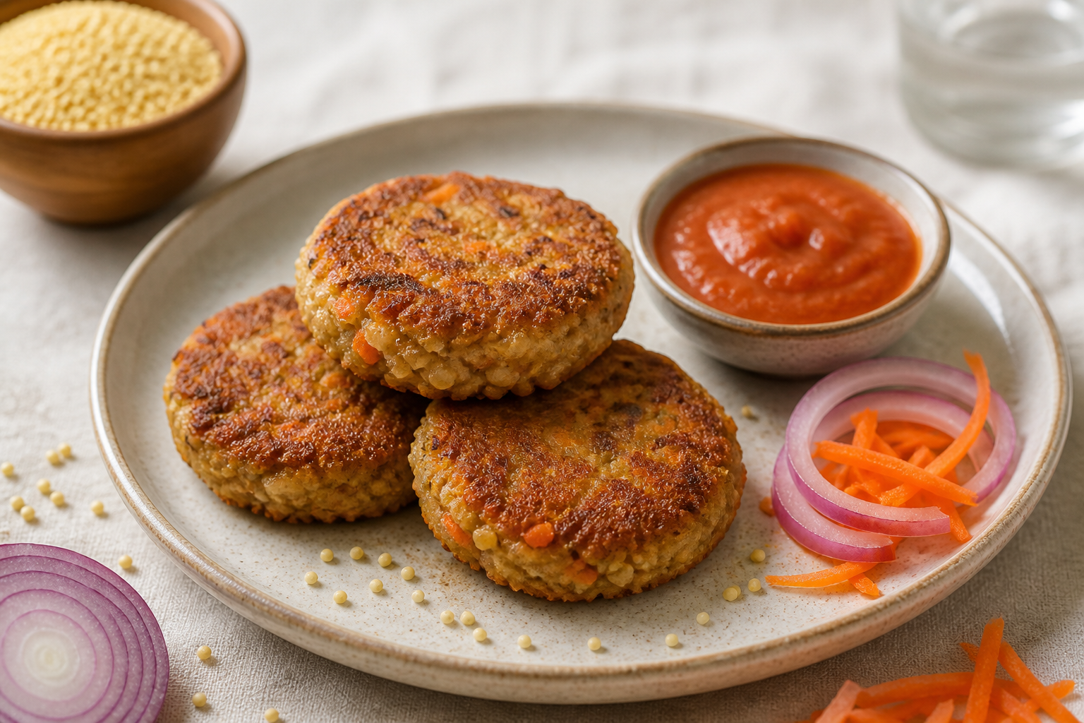 Tortitas Económicas de Mijo, Zanahoria y Cebolla con Salsa Tibia de Tomate y Comino