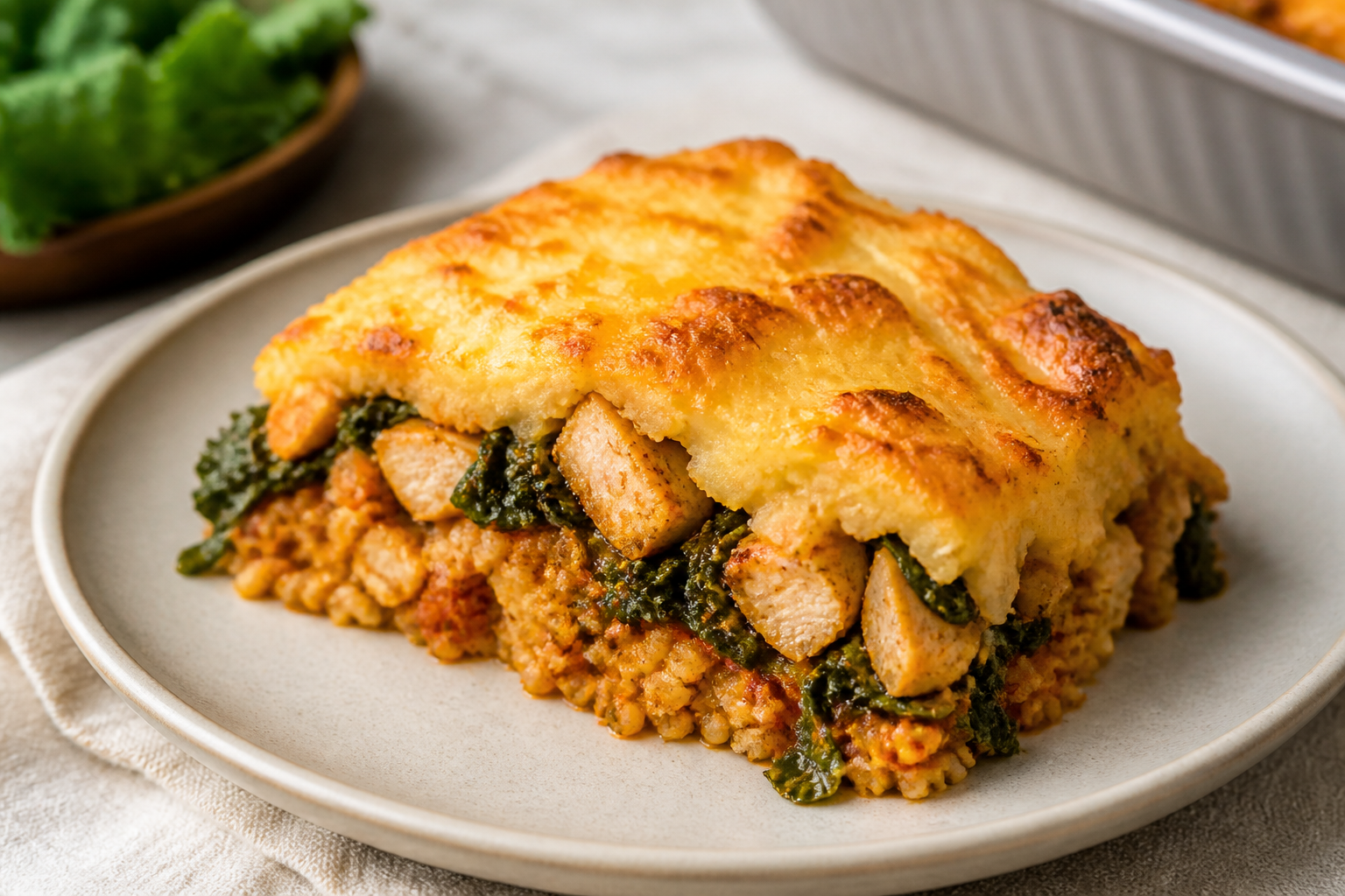 Family Bulgur Bake with Paprika Chicken, Kale, and Cheesy Potato Crust