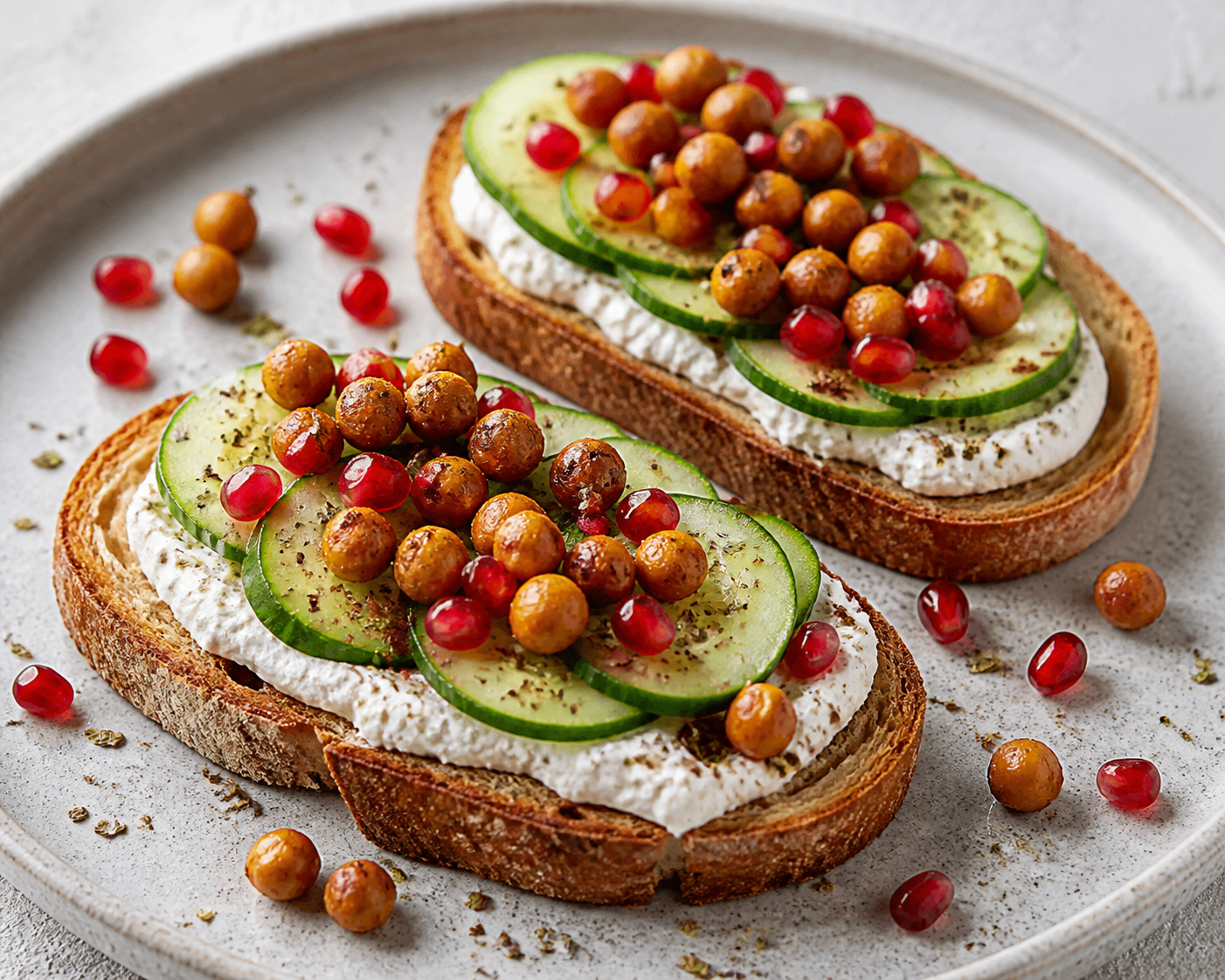 Express za’atar cream cheese toasts with cucumber, pomegranate, and crispy chickpeas