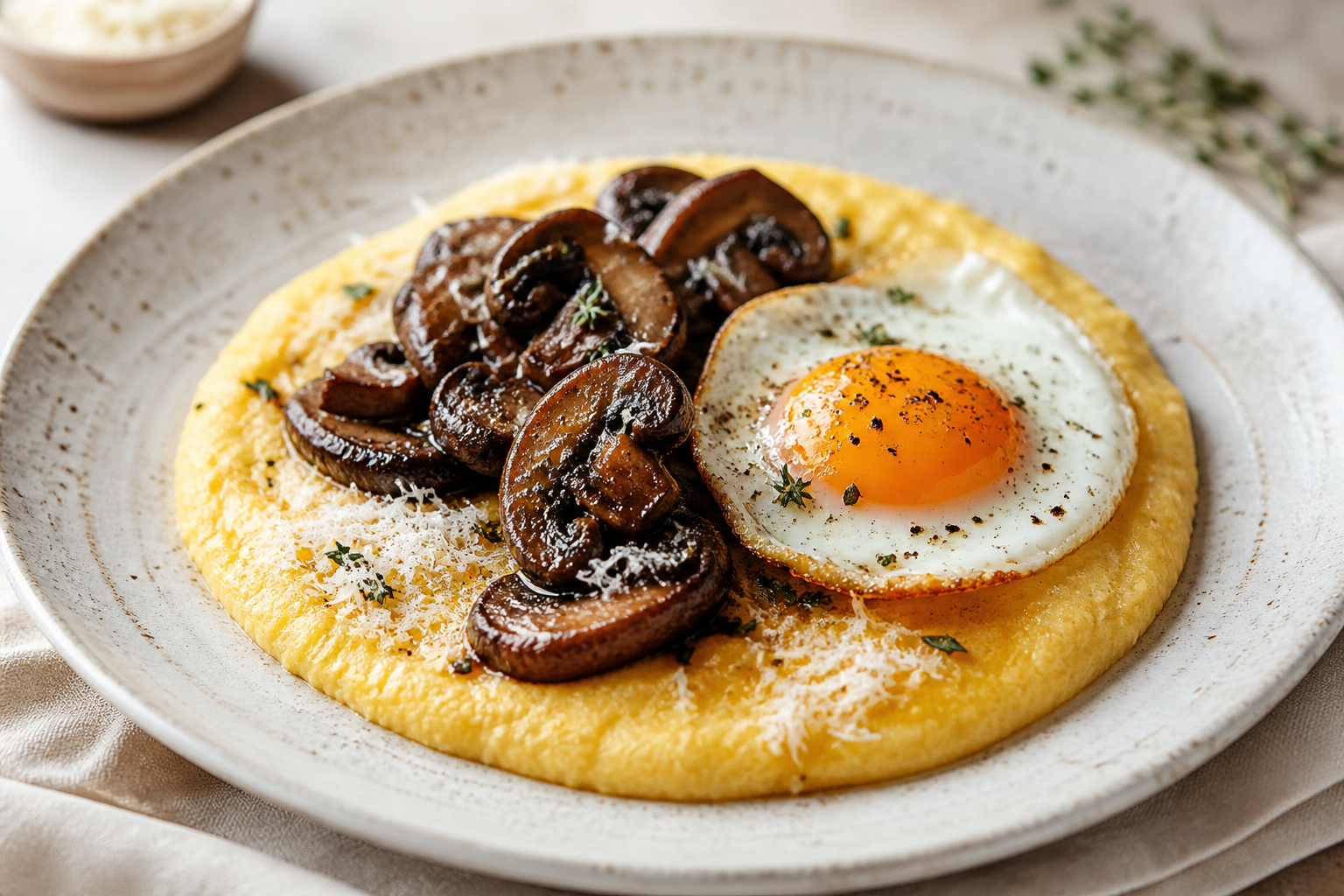 Polenta cremosa exprés con champiñones balsámicos y huevo a la plancha