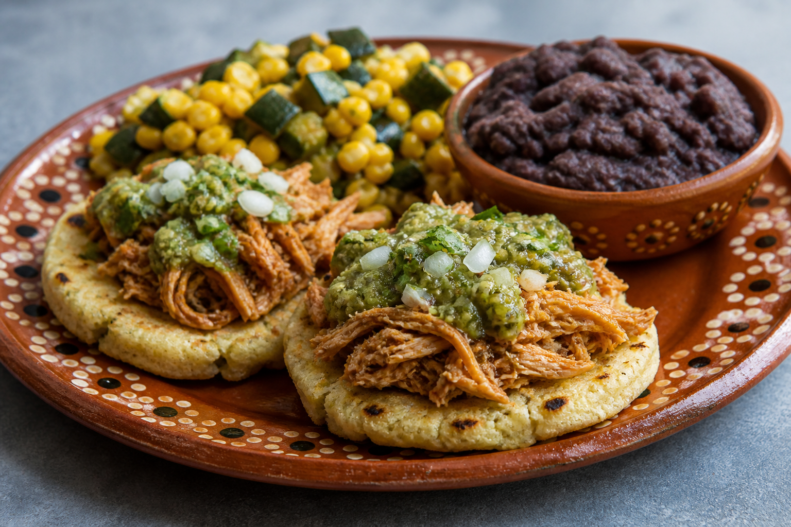Gorditas de pollo al mezcal con frijol negro machacado y ensalada tibia de elote y poblano