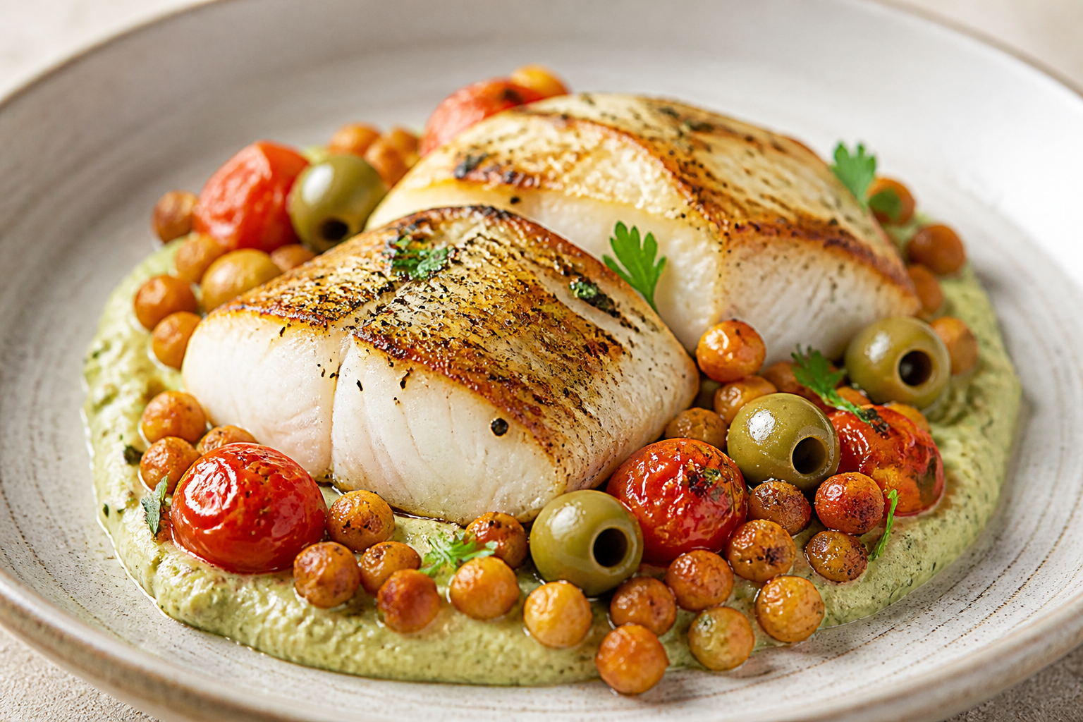 Bacalao Mediterráneo sobre Crema de Calabacín al Limón con Garbanzos Crujientes, Tomates Confitados y Aceitunas Verdes