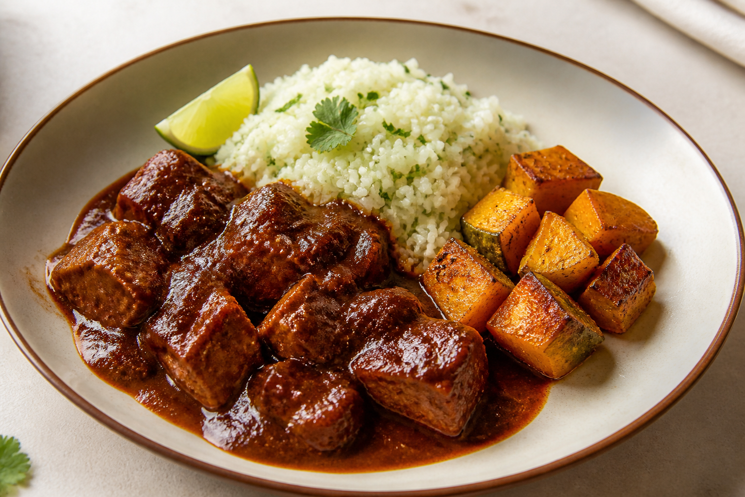 Cerdo al guiso de guayaba y chile mulato con arroz de cilantro-lima y calabaza asada