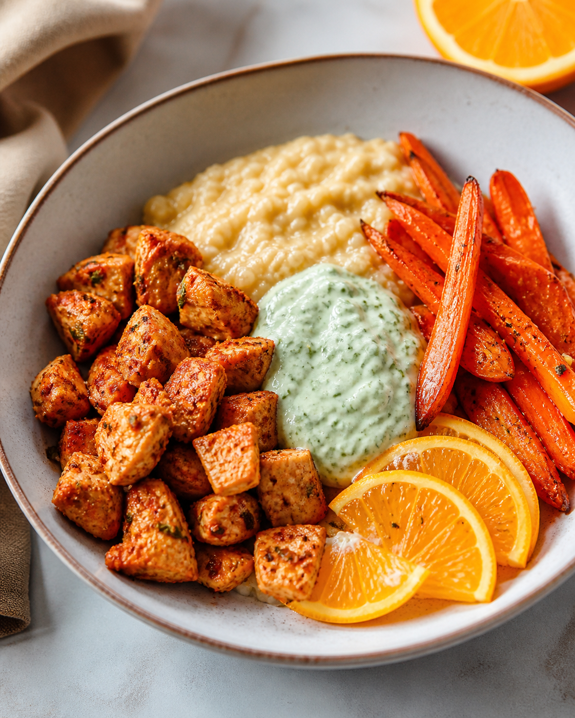 Warm citrus-paprika chicken bowl with creamy millet, roasted carrots, and green yogurt sauce