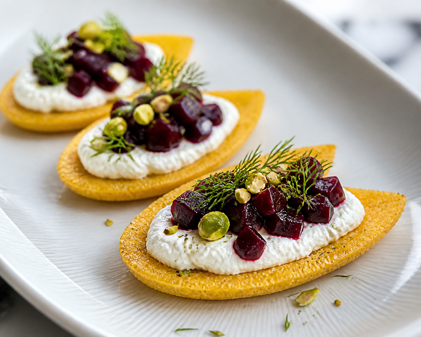 Crispy Polenta Spoons with Lemon Ricotta Cream, Roasted Beet and Dill Pistachio