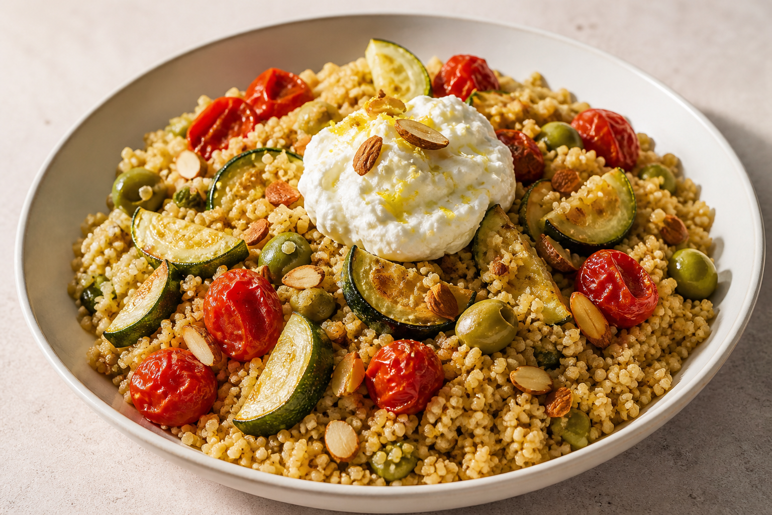 Ensalada tibia de cuscús integral con calabacín dorado, tomates cherry asados, aceitunas verdes, almendras crujientes y ricotta al limón