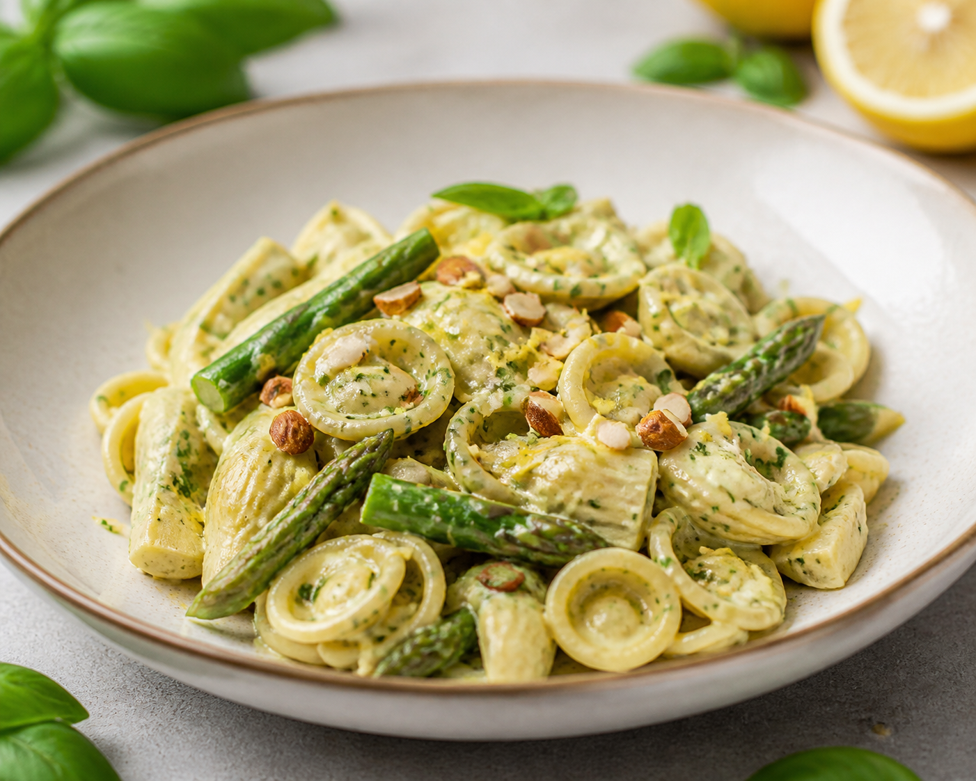 Creamy orecchiette with artichokes, seared asparagus, and basil mascarpone with lemon and toasted almonds