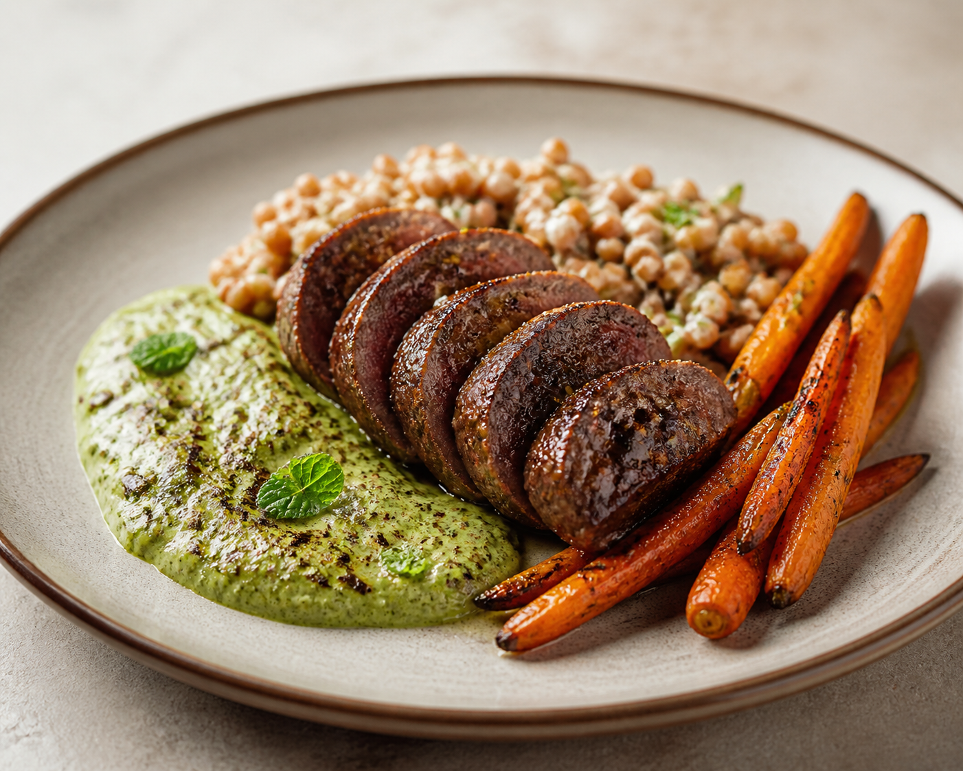 Beef Medallions with Warm Charred Cucumber Mint Sauce, Creamy Buckwheat and Cumin Roasted Carrots