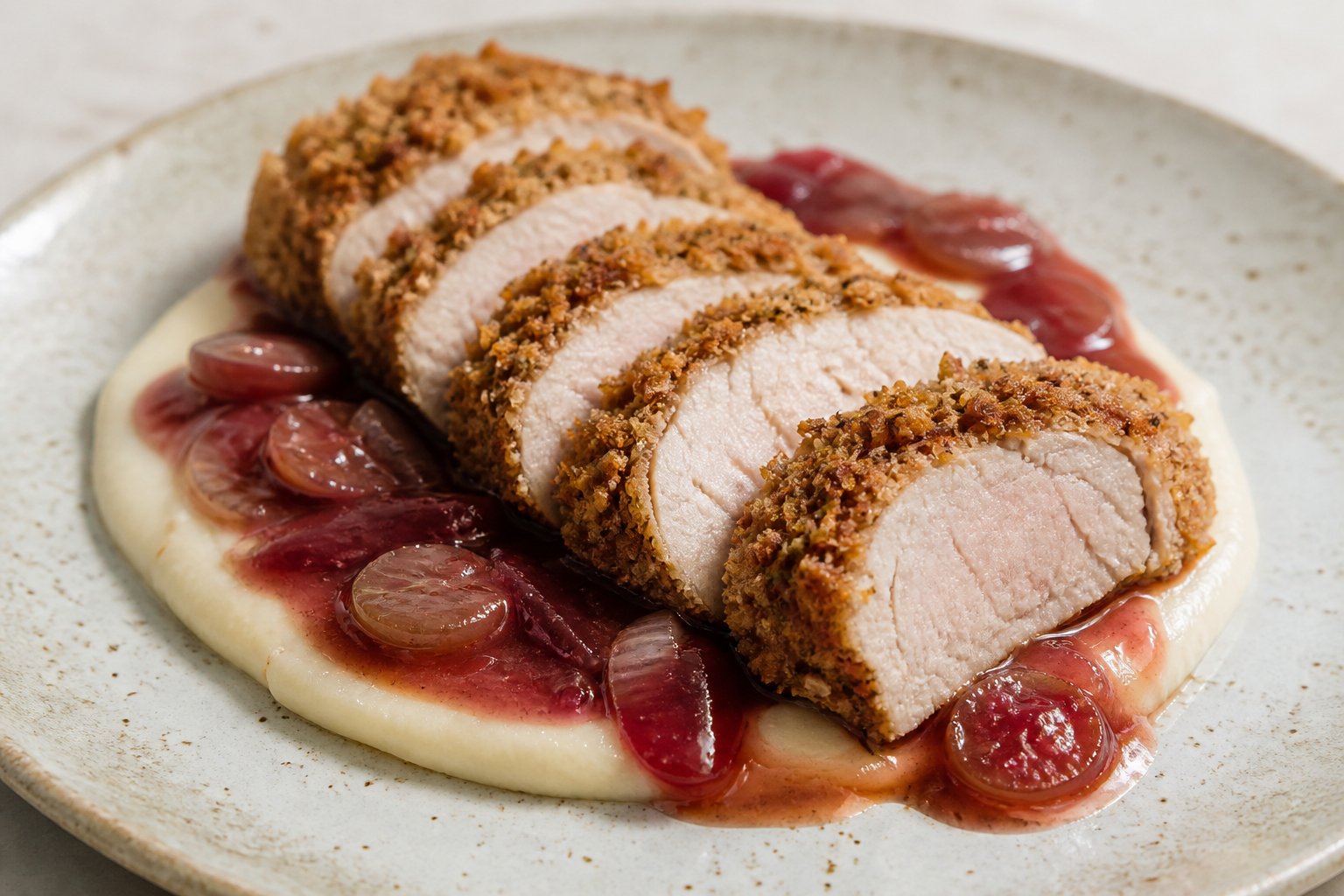 Solomillo de Cerdo con Costra de Semillas de Hinojo y Pan Rallado, Salsa Tibia de Uva Morada y Chalota, y Puré de Alubias Cannellini