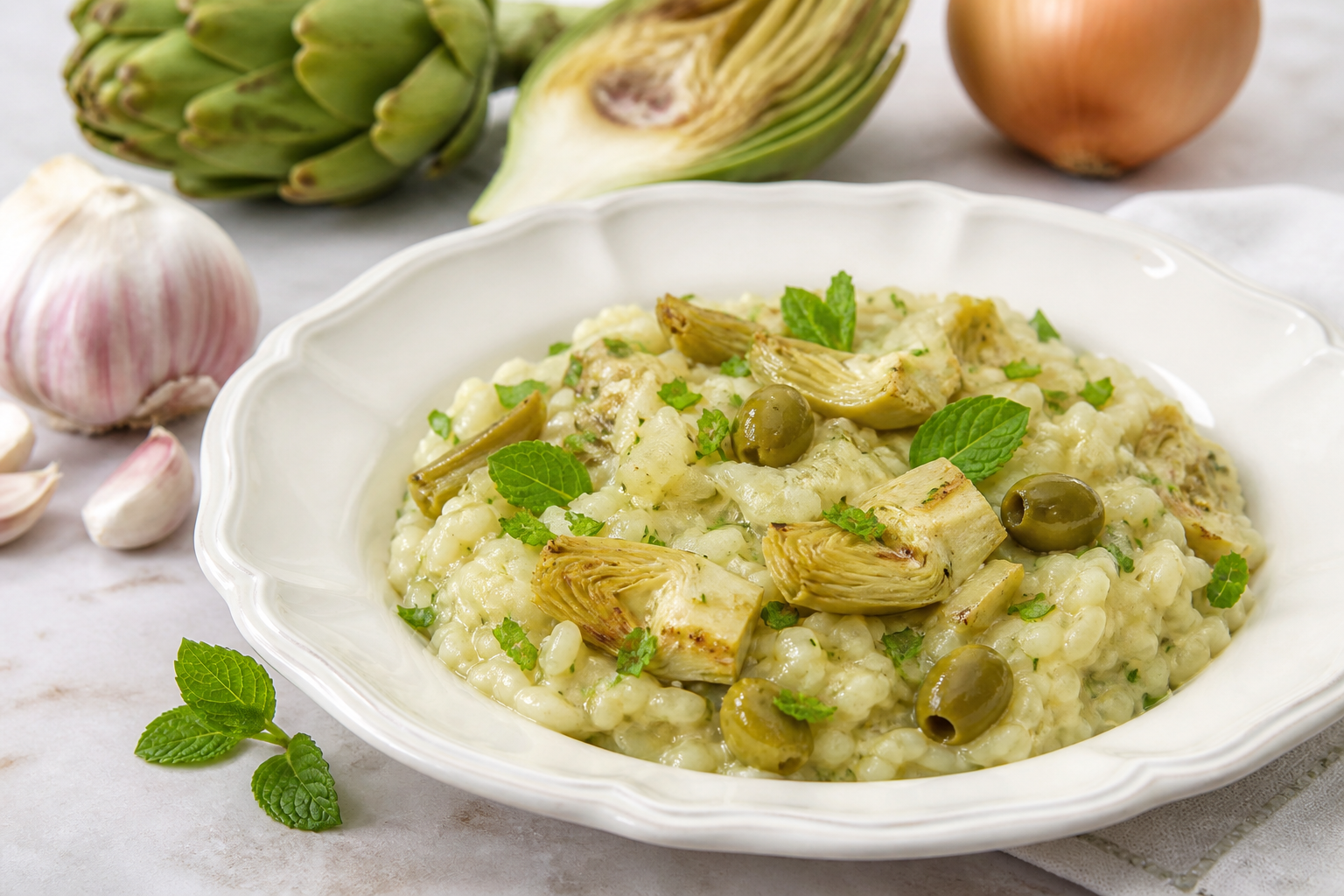 Creamy rice with golden artichokes, green olives, and light lemon-mint cream