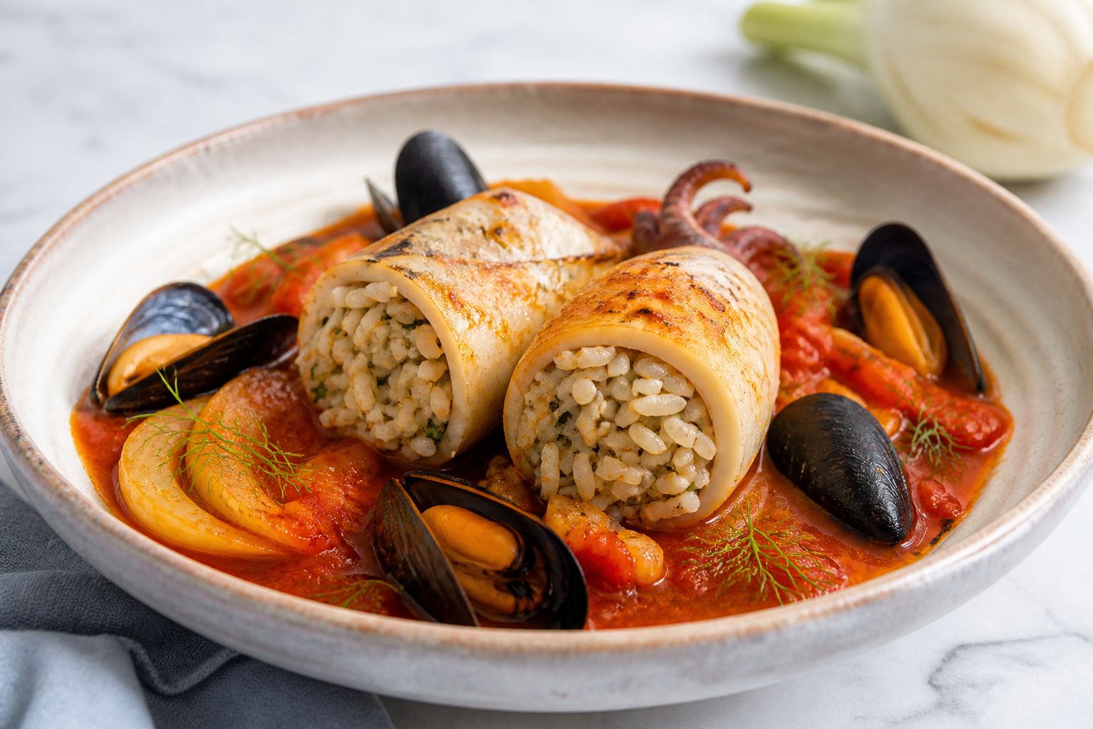 Herbed Rice Stuffed Squid with Roasted Tomato Sauce and Fennel Mussels