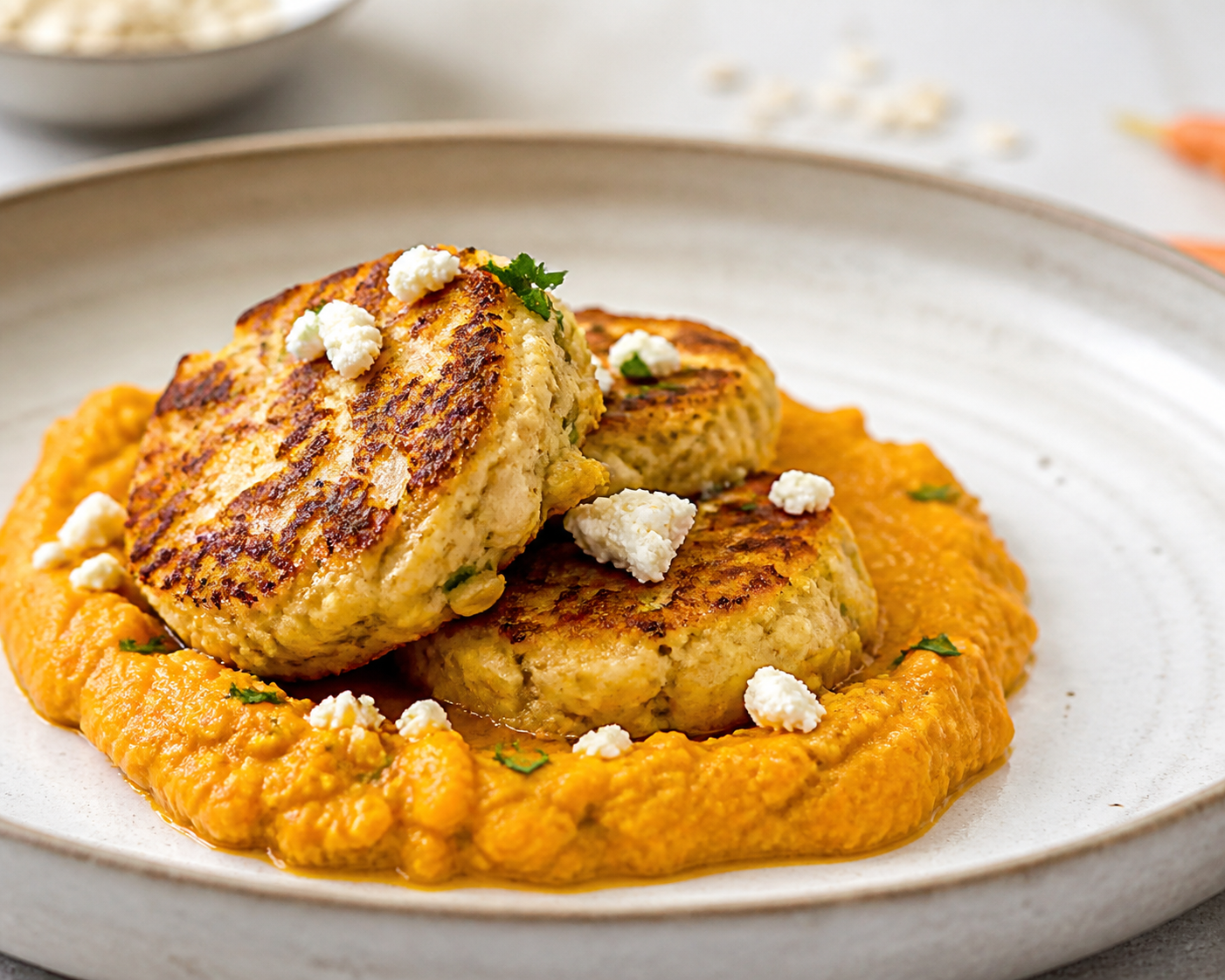 Savory Chicken and Ricotta Oat Cakes with Warm Carrot and Red Lentil Cumin Cream
