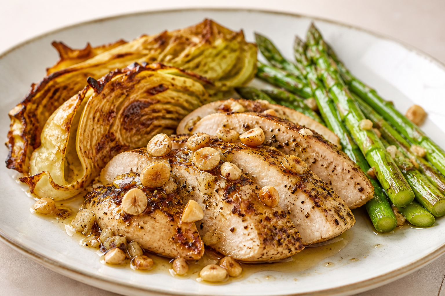 Sumac Chicken with Hazelnut Brown Butter, Roasted Cabbage and Lemon Asparagus