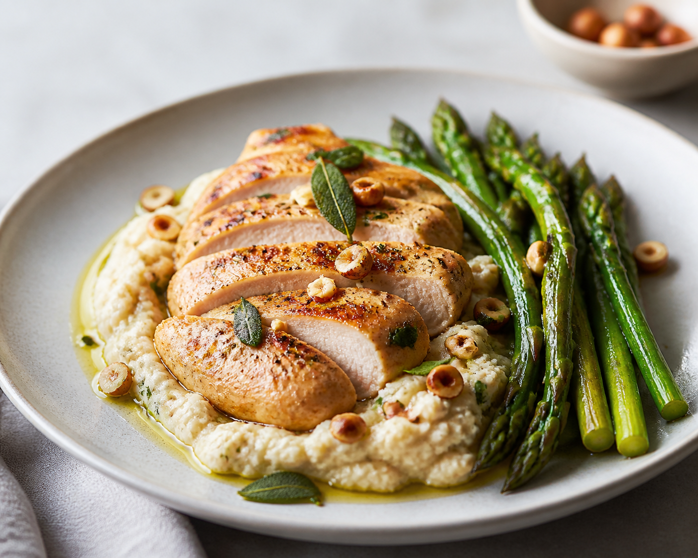 Pechuga de pollo al limón y salvia con puré rústico de coliflor y alubias, espárragos salteados y avellanas tostadas
