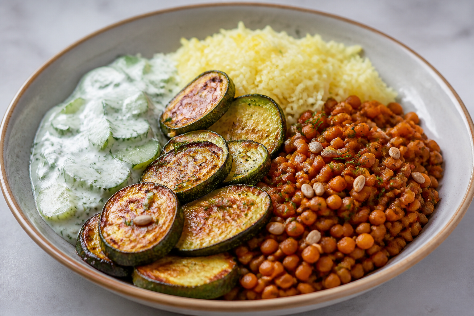 Calabacín asado con lentejas al pimentón dulce, arroz de limón y crema de pepino con eneldo