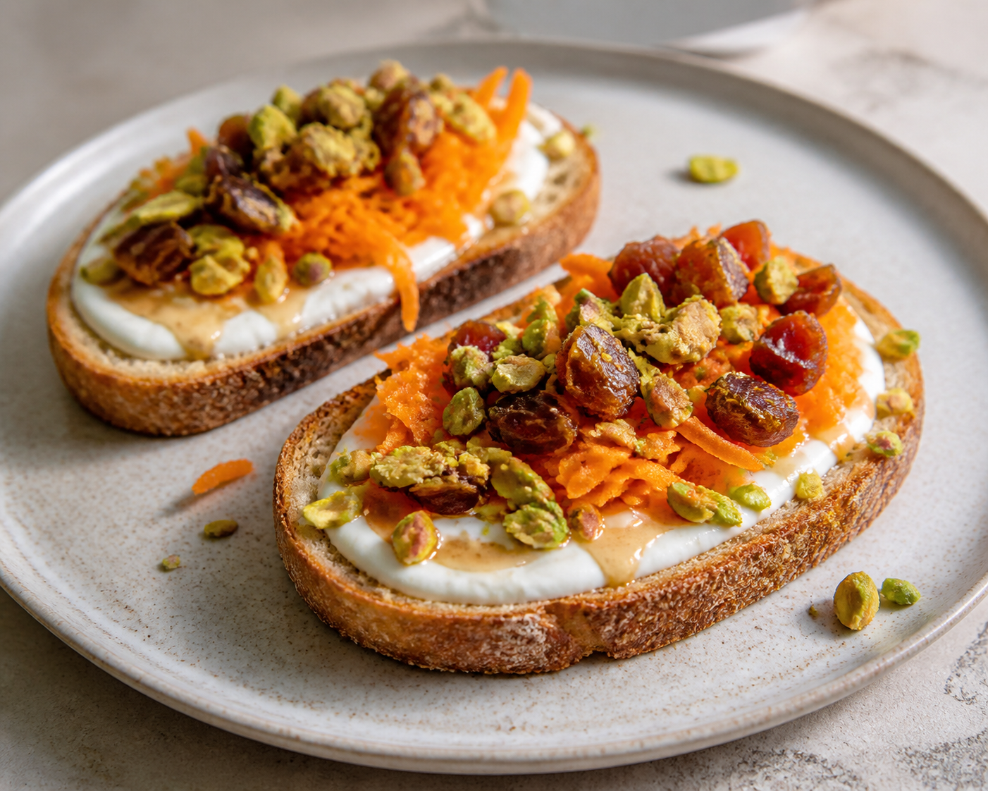 Tostadas exprés de yogur tahini con zanahoria especiada, dátiles y pistacho