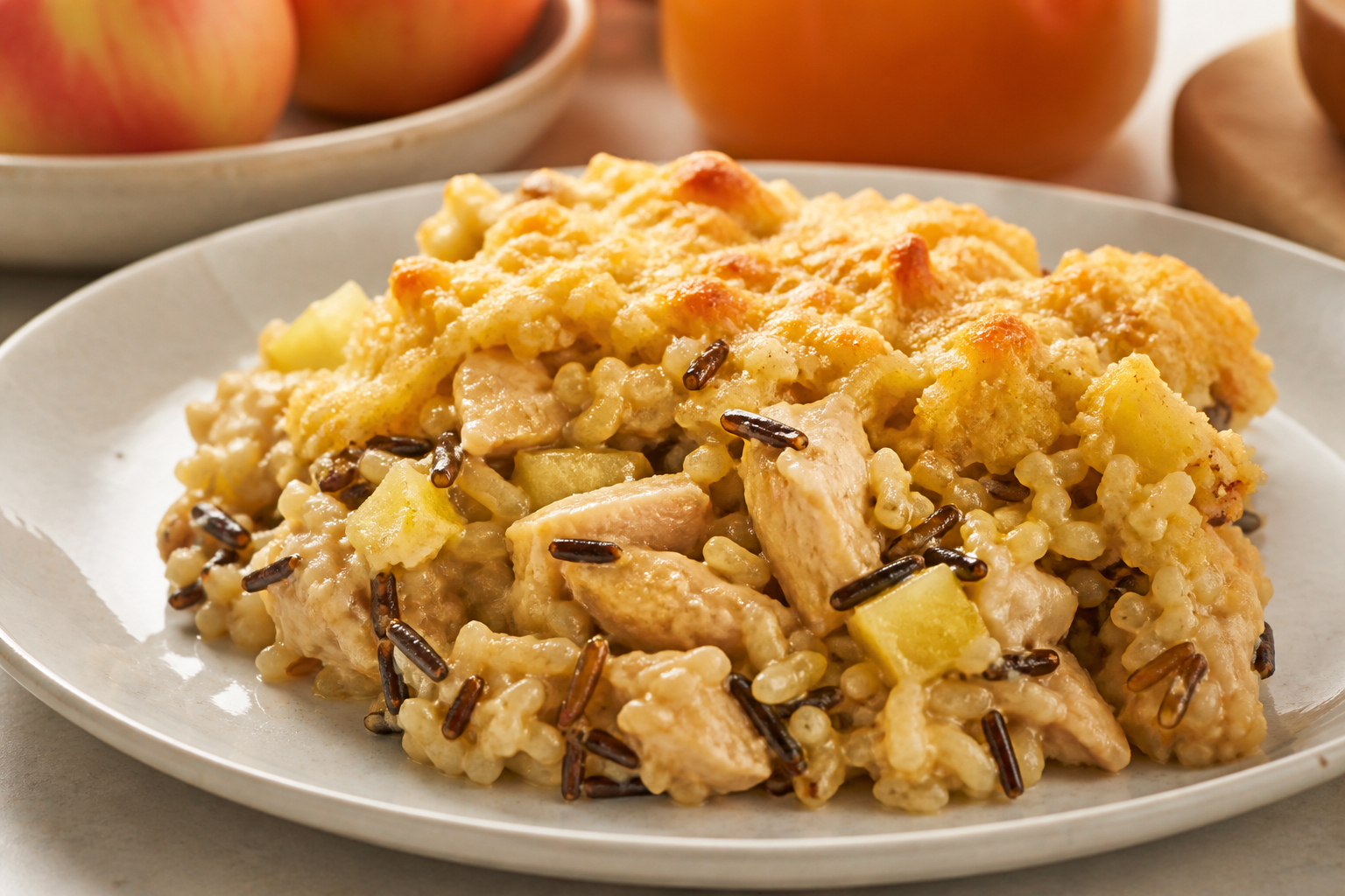 Family Wild Rice Bake with Cider Chicken, Golden Apple and Creamy Cheddar Topping
