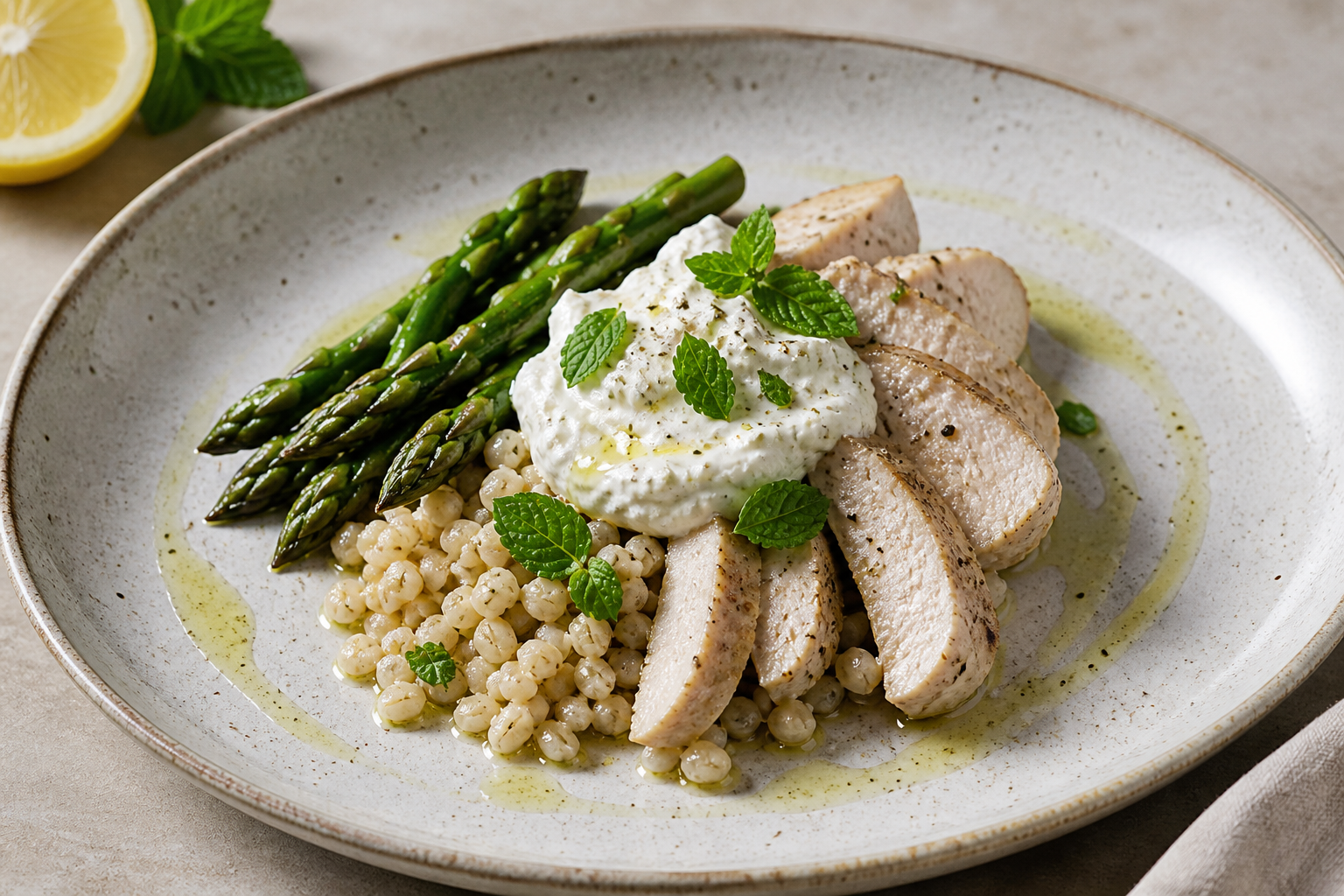 Express Pearl Barley with Lemon Turkey, Sautéed Asparagus, and Whipped Mint Ricotta