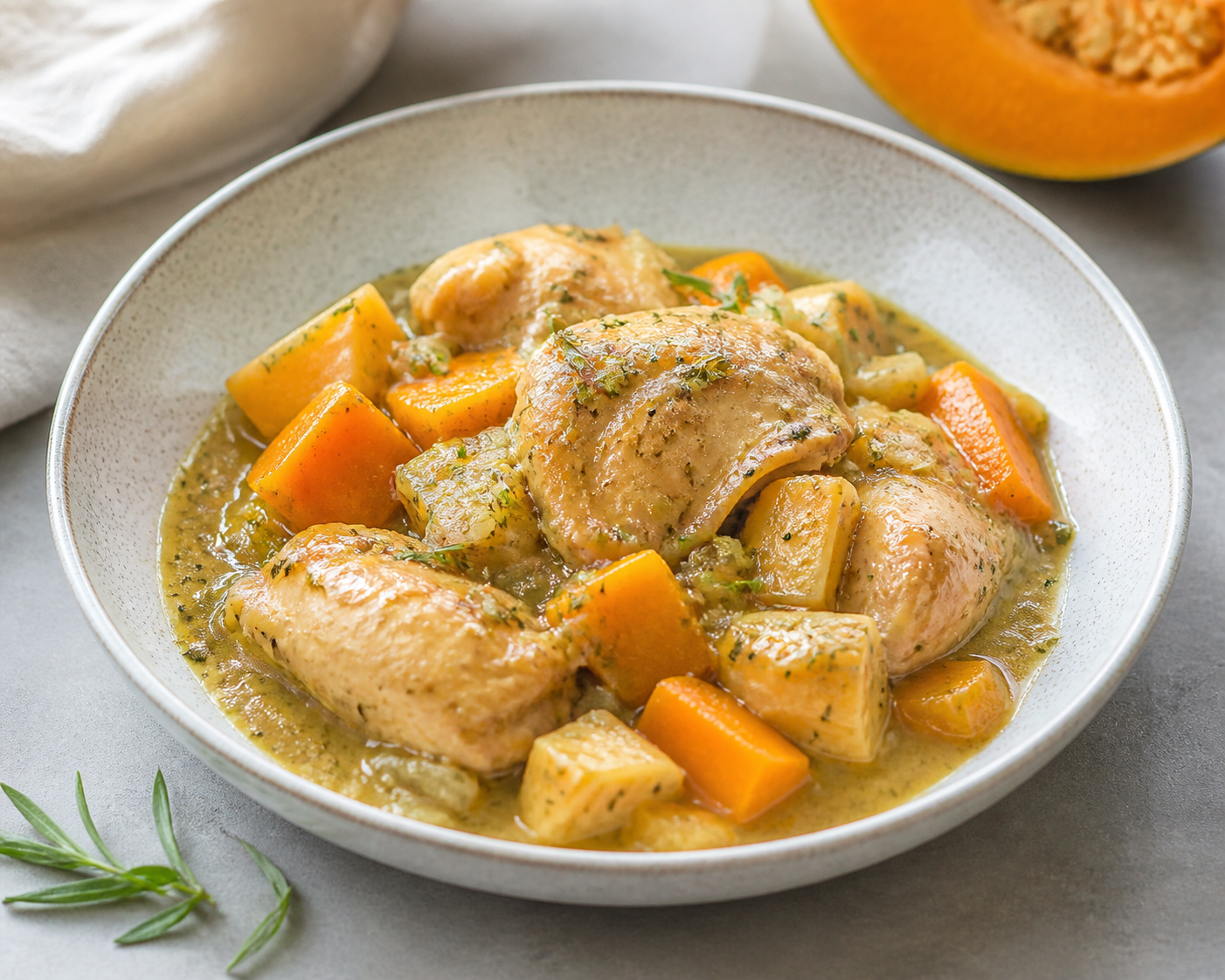 Pollo en slow cooker con calabaza, puerro y salsa suave de manzana, sidra y estragón