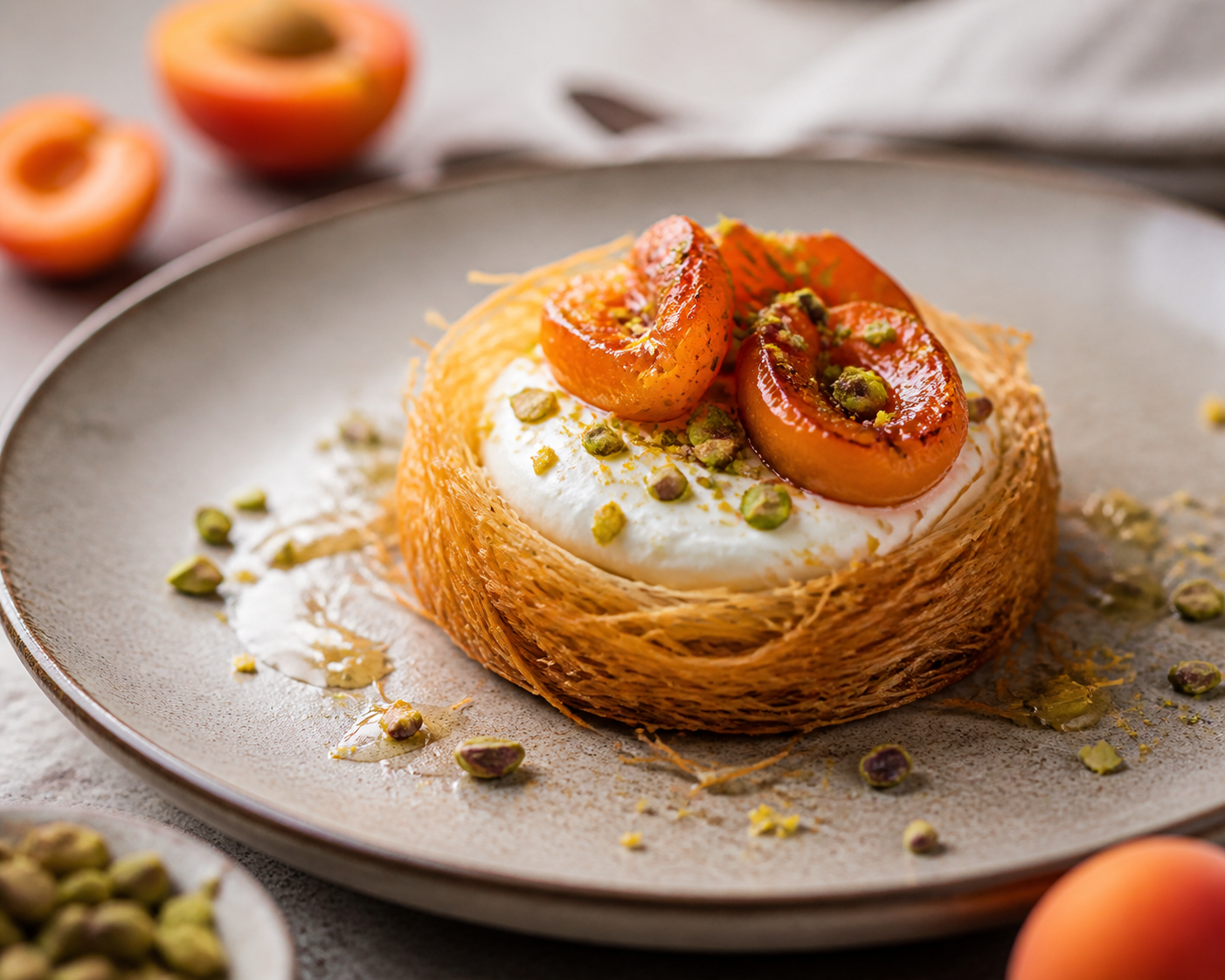 Warm Kataifi Nests with Orange Blossom Cream, Roasted Apricots and Citrus Pistachio