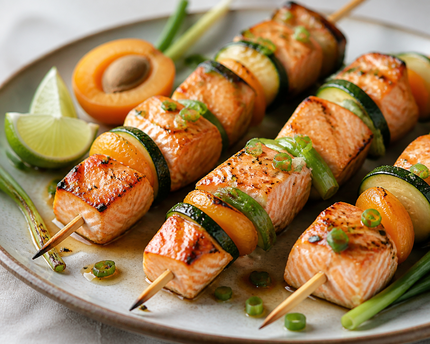 Brochetas de salmón a la parrilla con calabacín, albaricoque y adobo de miso blanco, lima y cebollín
