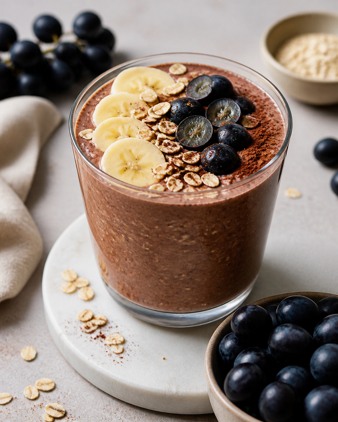 Batido Crepuscular de Uva Negra, Cacao y Tahini con Avena Suave