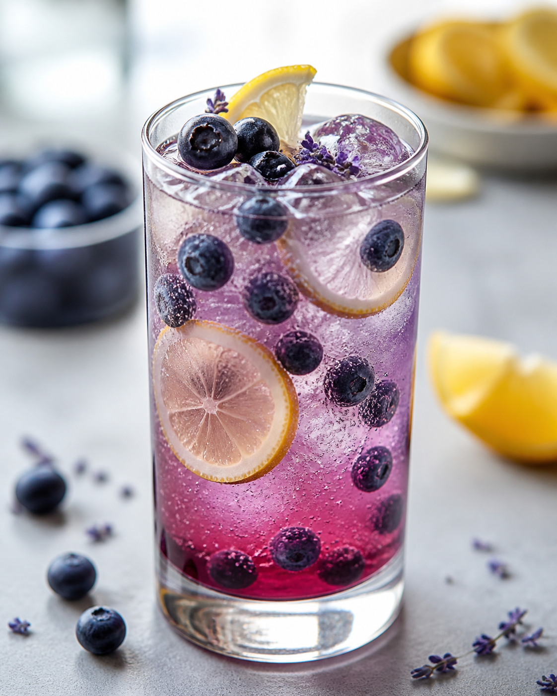 Refresco espumoso de mora azul, limón preservado y lavanda con agua tónica suave