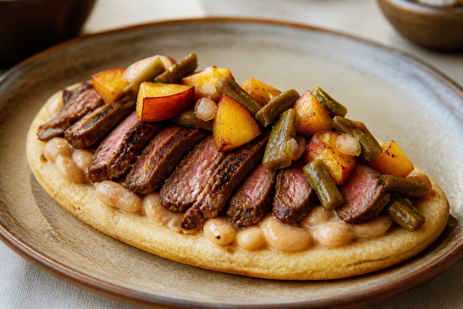 Huaraques de arrachera al café de olla con frijol flor de mayo y ensalada tibia de nopal y durazno asado
