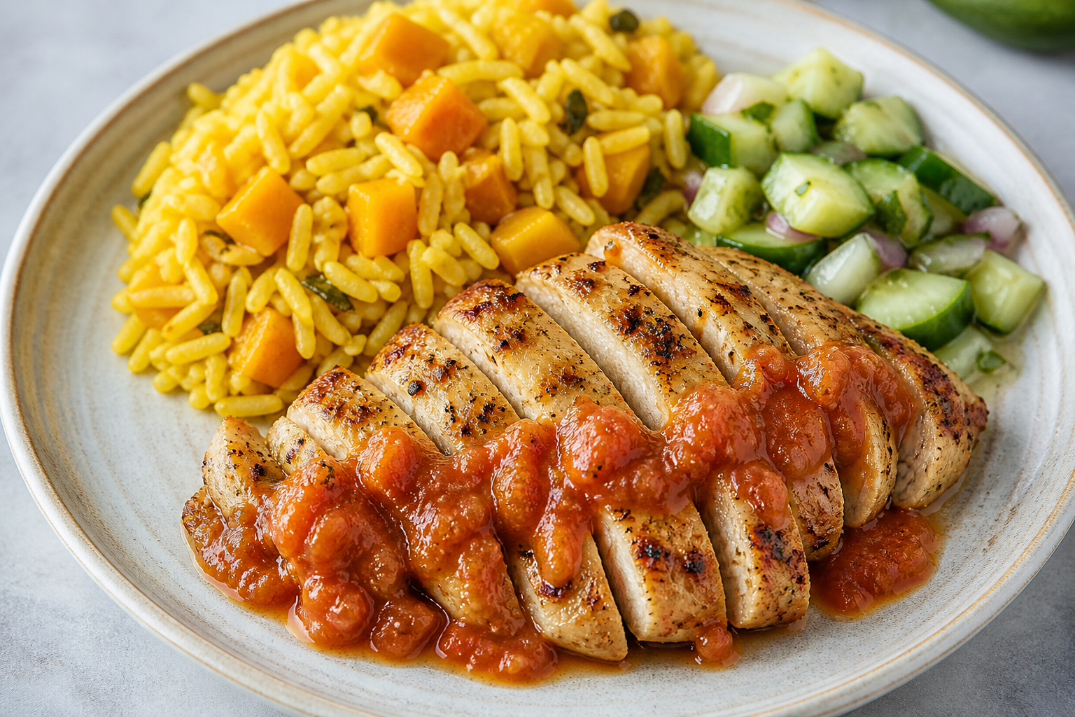 Pechuga de Pollo Caribeña con Salsa de Guayaba Picante, Arroz Cremoso de Calabaza y Ensalada de Pepino con Lima