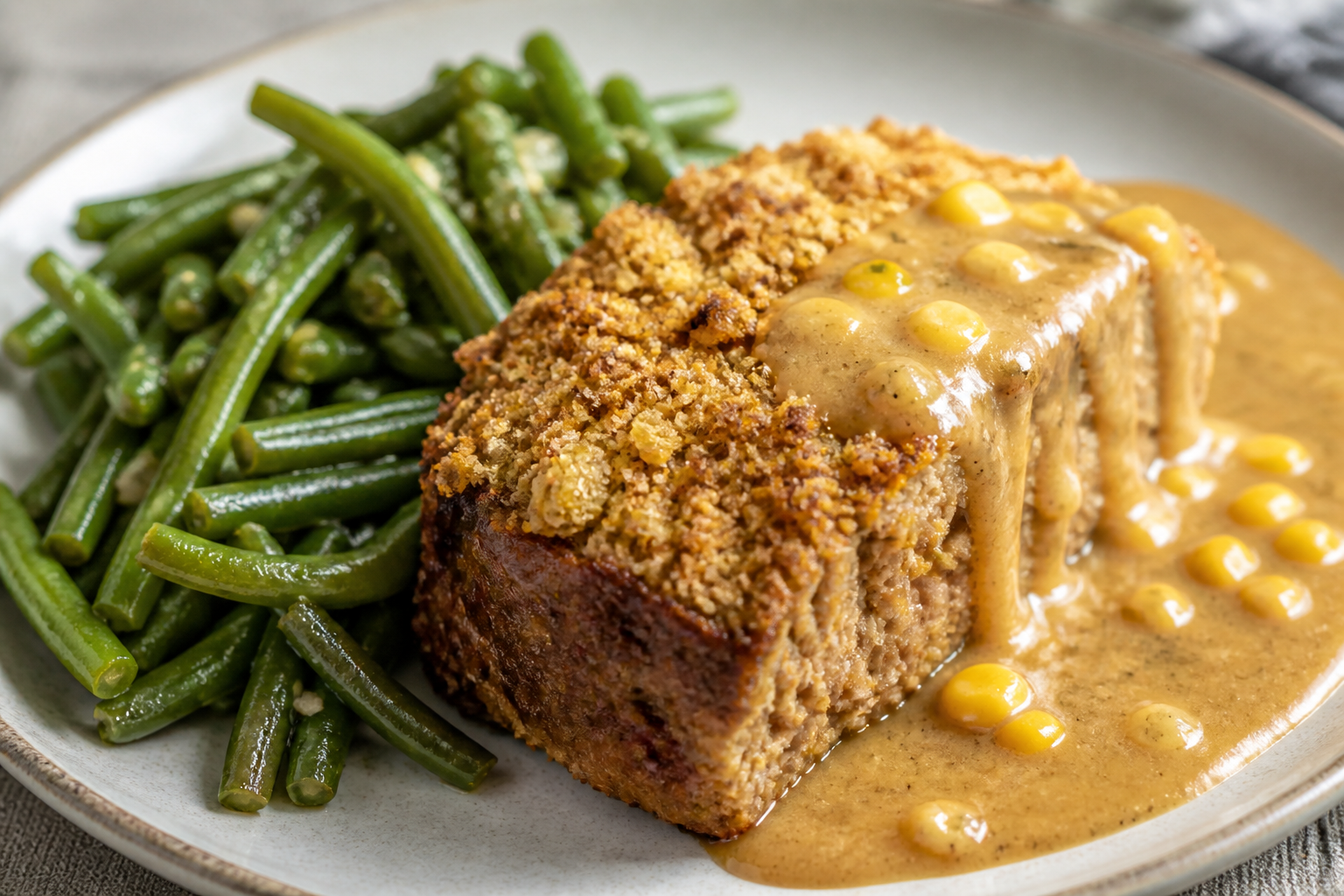 Bourbon Meatloaf with Cracker Crust, Creamy Corn Gravy, and Garlicky Green Beans