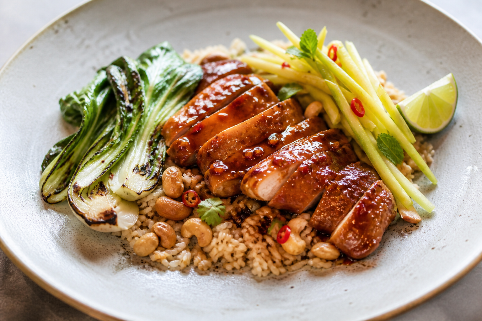 Toasted Jasmine Rice with Green Mango Chili Glazed Chicken, Seared Bok Choy and Cashew Lime