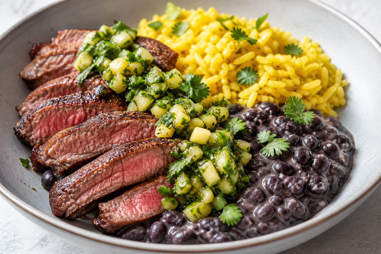 Bowl criollo de res al chimichurri de mango verde con arroz de cúrcuma y frijoles negros cremosos