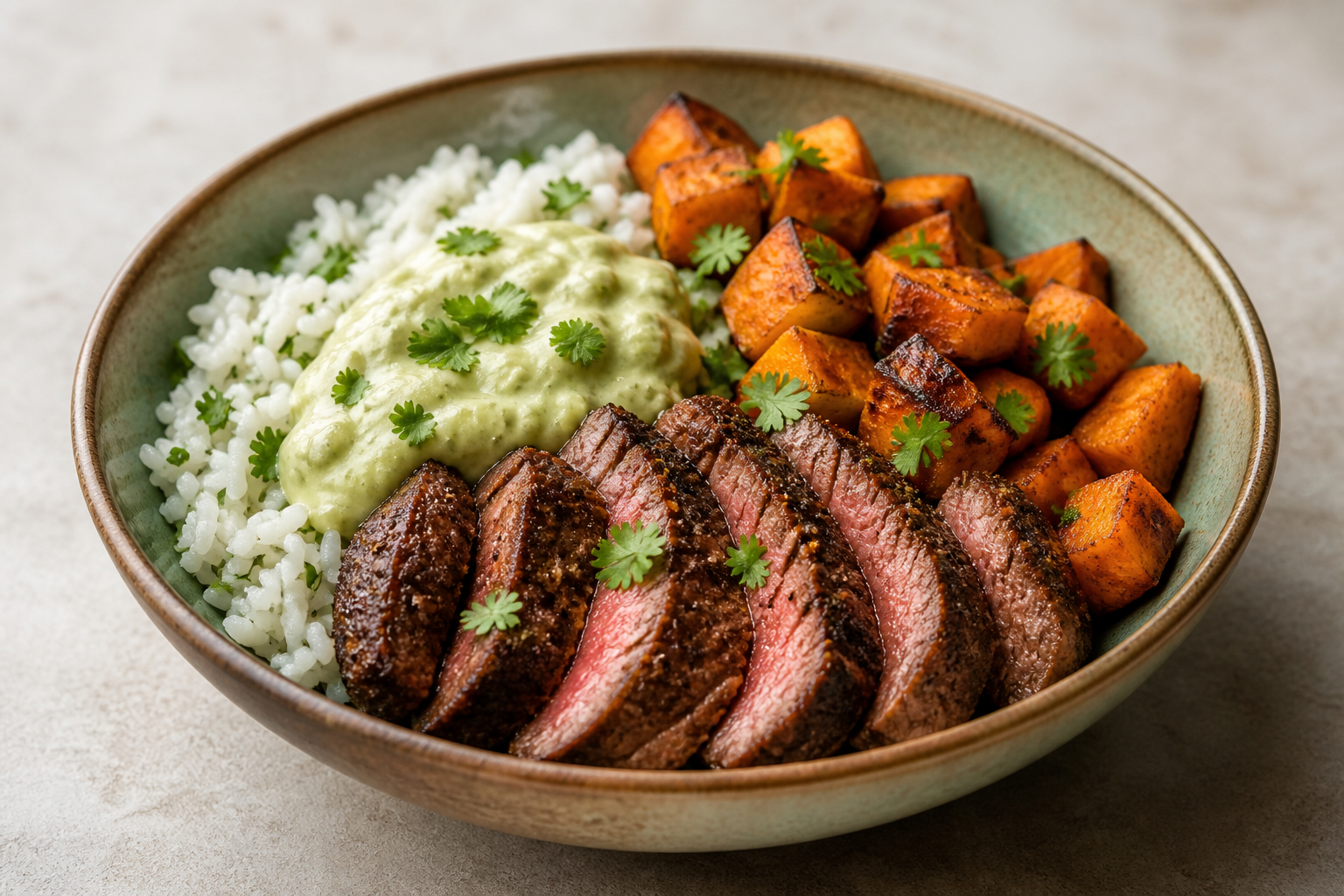 Bowl tibio de res al café suave con arroz de cilantro, camote asado y crema de aguacate-lima