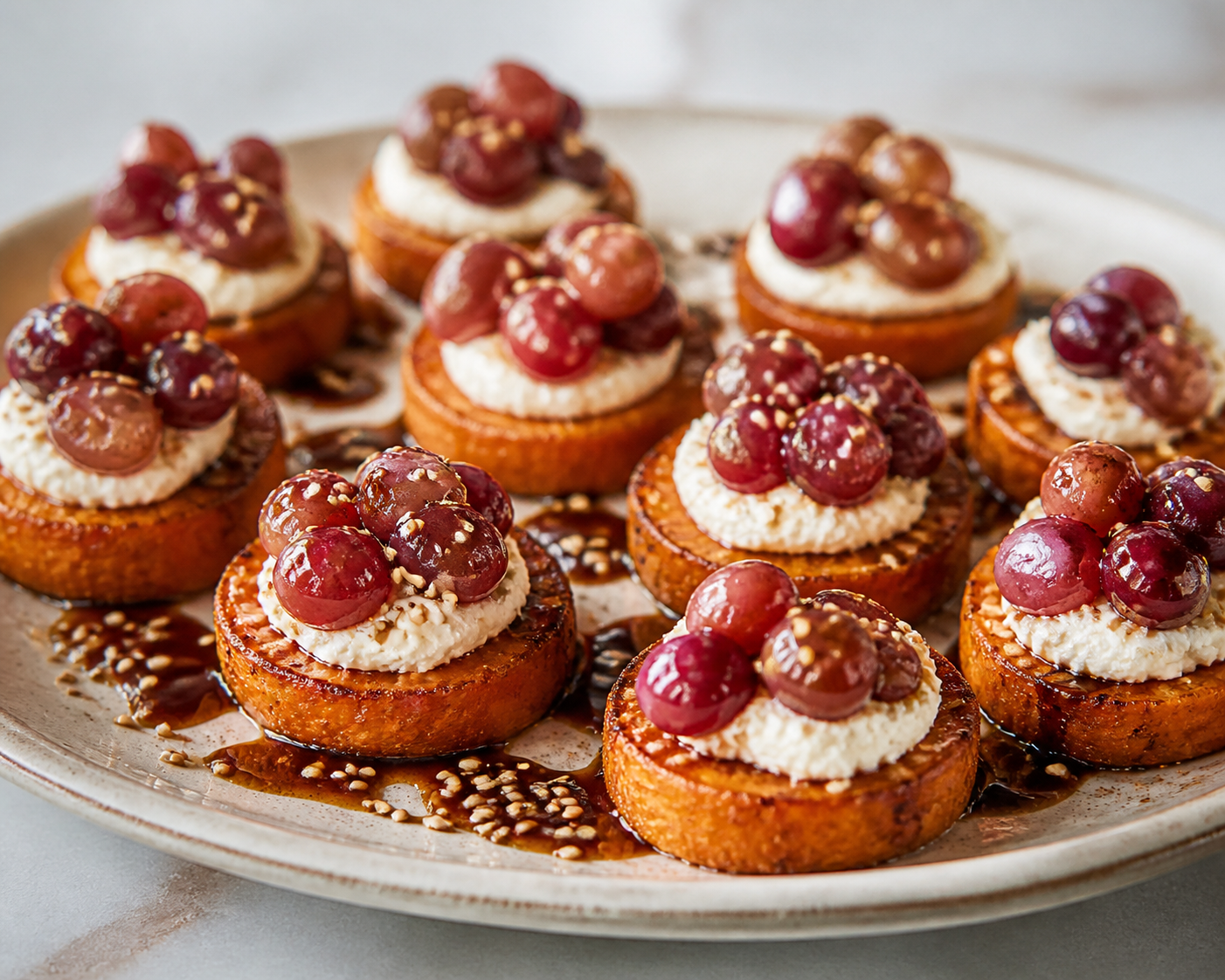 Bocados de batata rostizada con crema de feta batida, uvas salteadas al balsámico y sésamo tostado