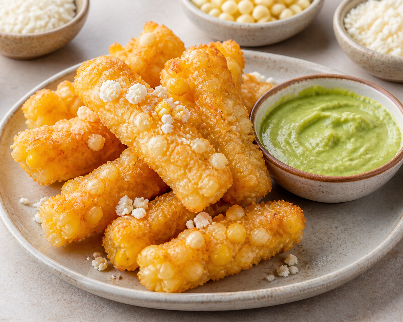Crispy tapioca, sweet corn and cotija sticks with roasted avocado lime dip