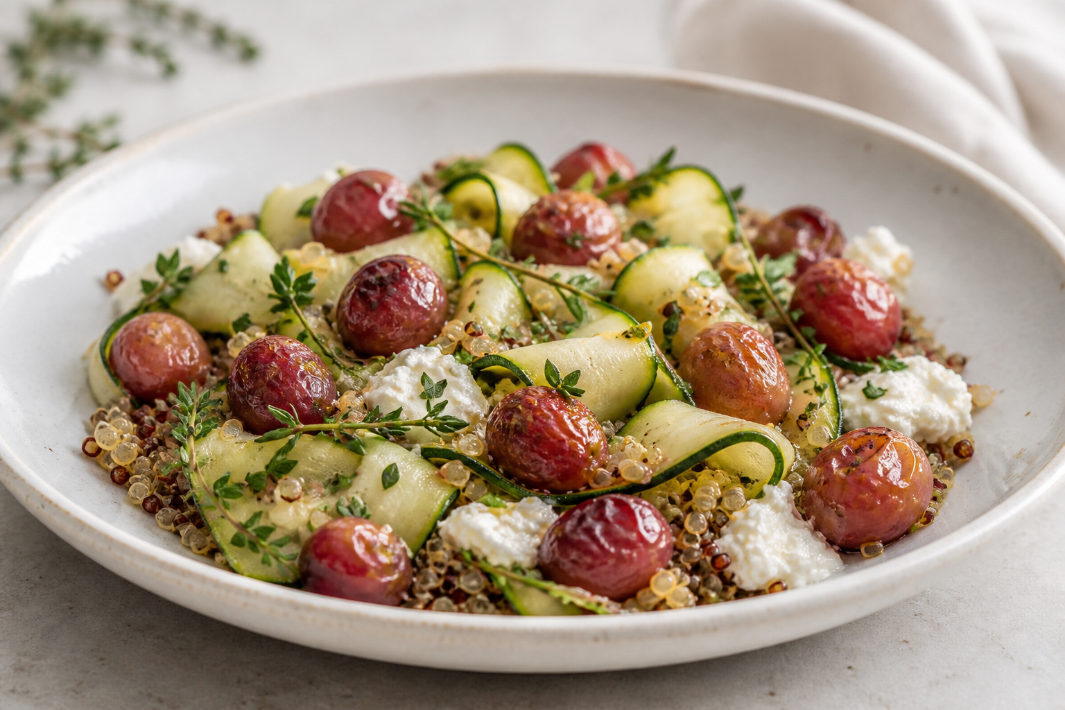 Ensalada tibia de quinoa con calabacines cintados, uvas asadas al tomillo y crema ligera de queso de cabra