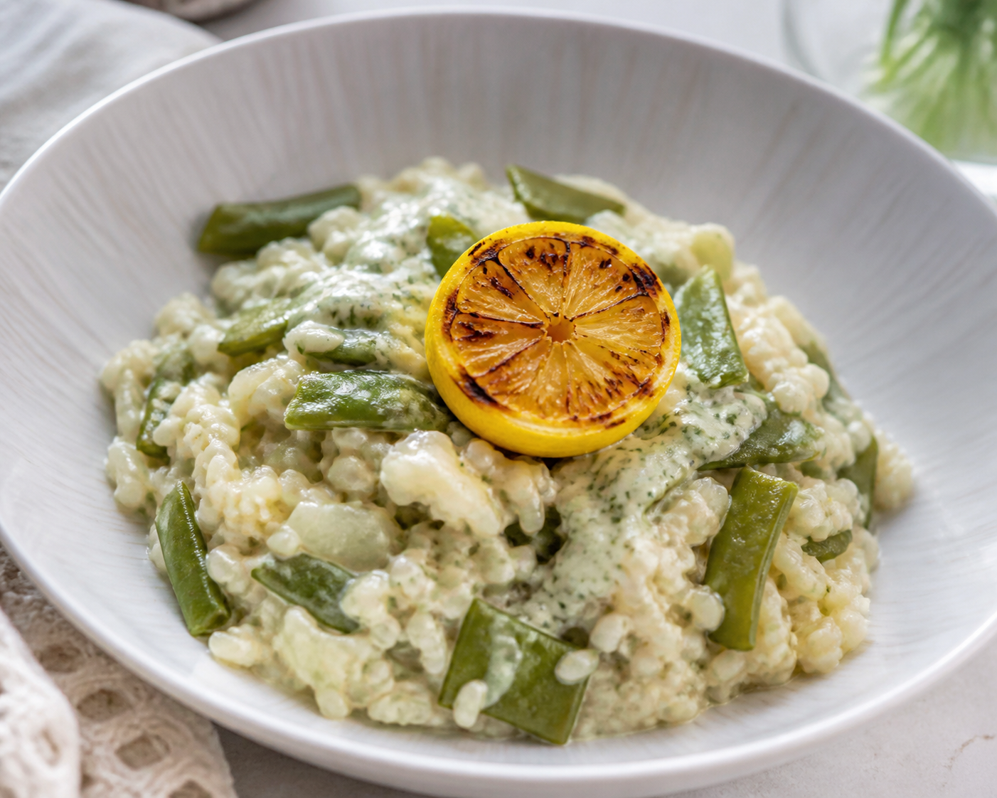 Creamy rice with flat green beans, roasted lemon and light ricotta-basil cream