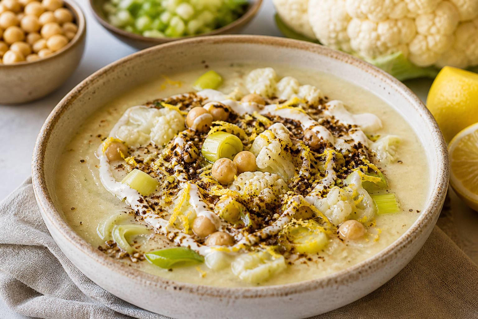 Sopa cremosa de coliflor, puerro y garbanzo con limón, tahini y zaatar crujiente