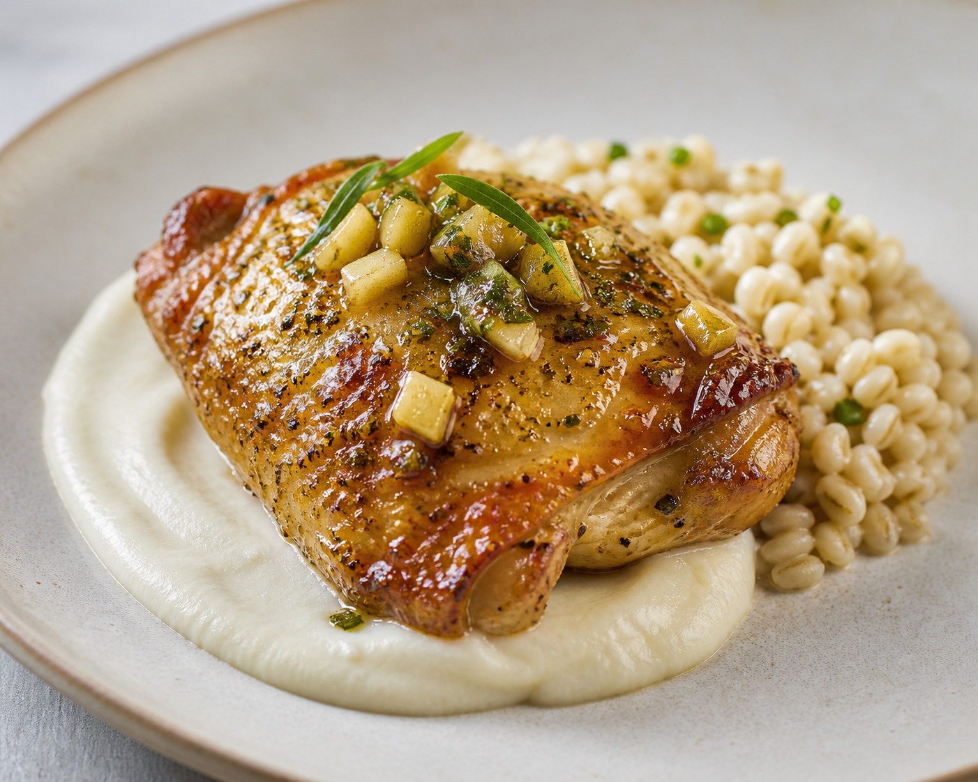 Baked Chicken with Green Apple and Tarragon Glaze, Rustic Cauliflower Cream, and Tender Barley with Chives