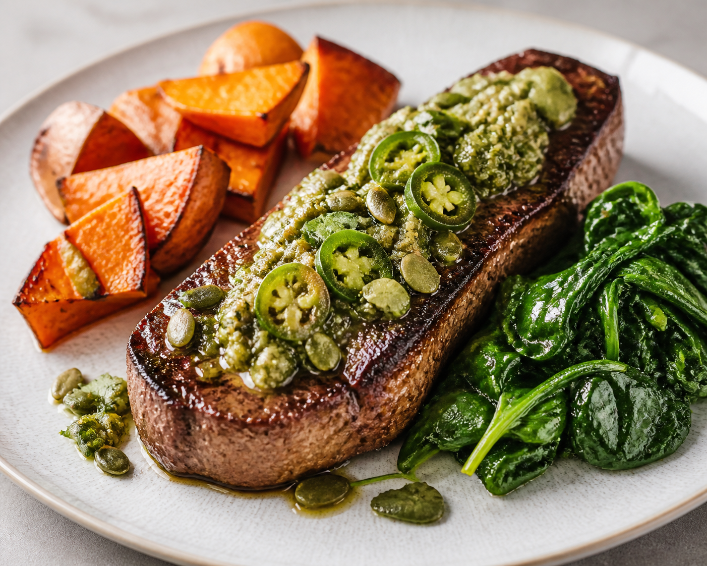 Bistec de Res con Salsa de Cilantro, Jalapeño y Pepita, acompañado de Camote Asado y Espinacas Salteadas