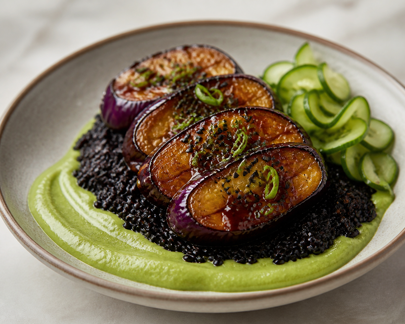 Berenjenas lacadas con miso y arce sobre crema de edamame, arroz de sésamo negro y pepino encurtido rápido