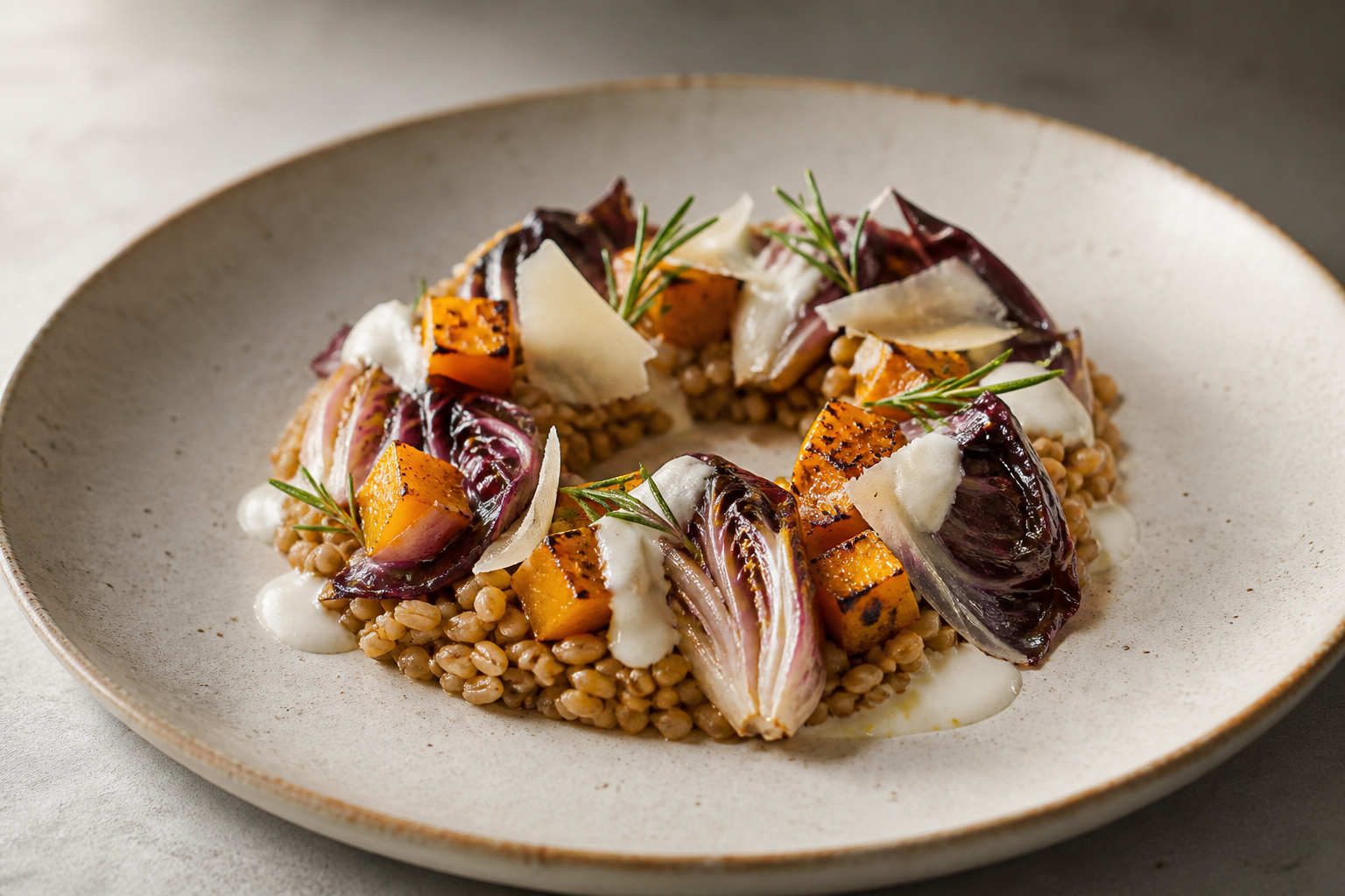 Golden Farro Ring with Rosemary Roasted Squash, Braised Radicchio and Parmesan Cream