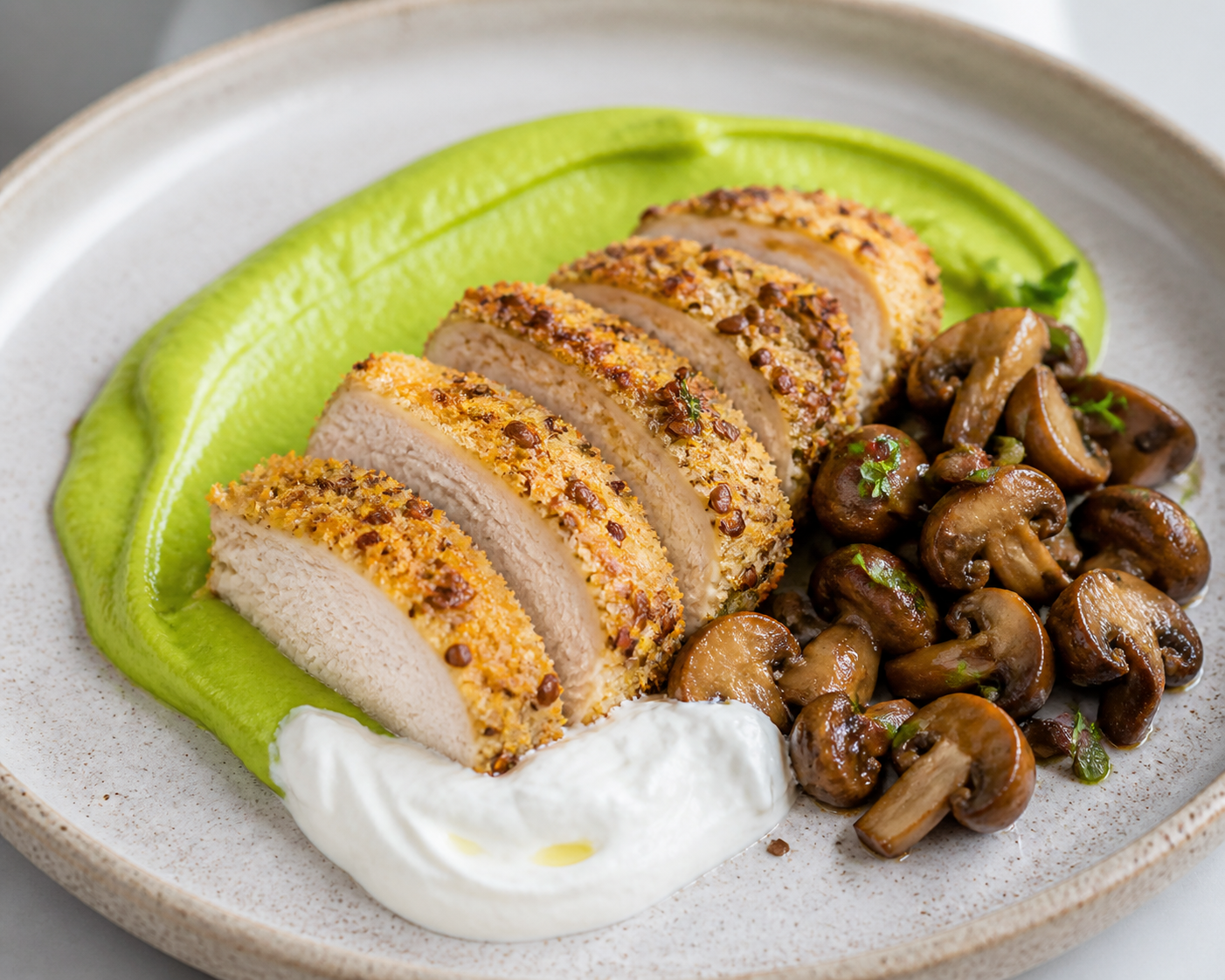 Parmesan and flax crusted chicken with warm edamame cream and garlic mushrooms