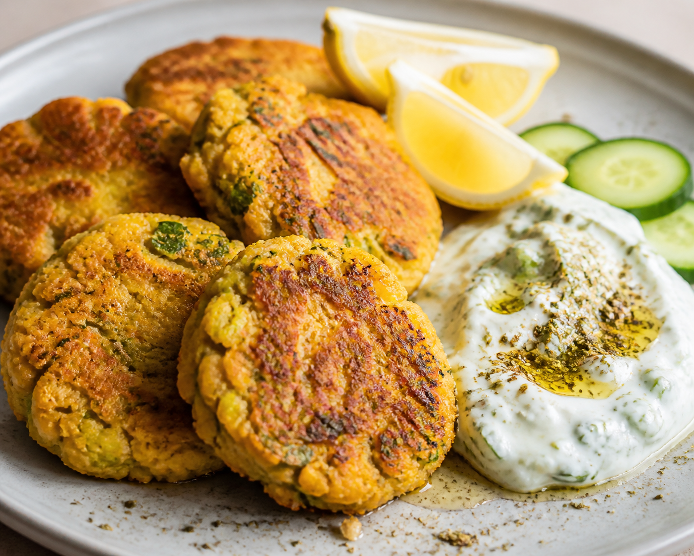 Chickpea and Leek Fritters with Cucumber Yogurt, Lemon and Zaatar