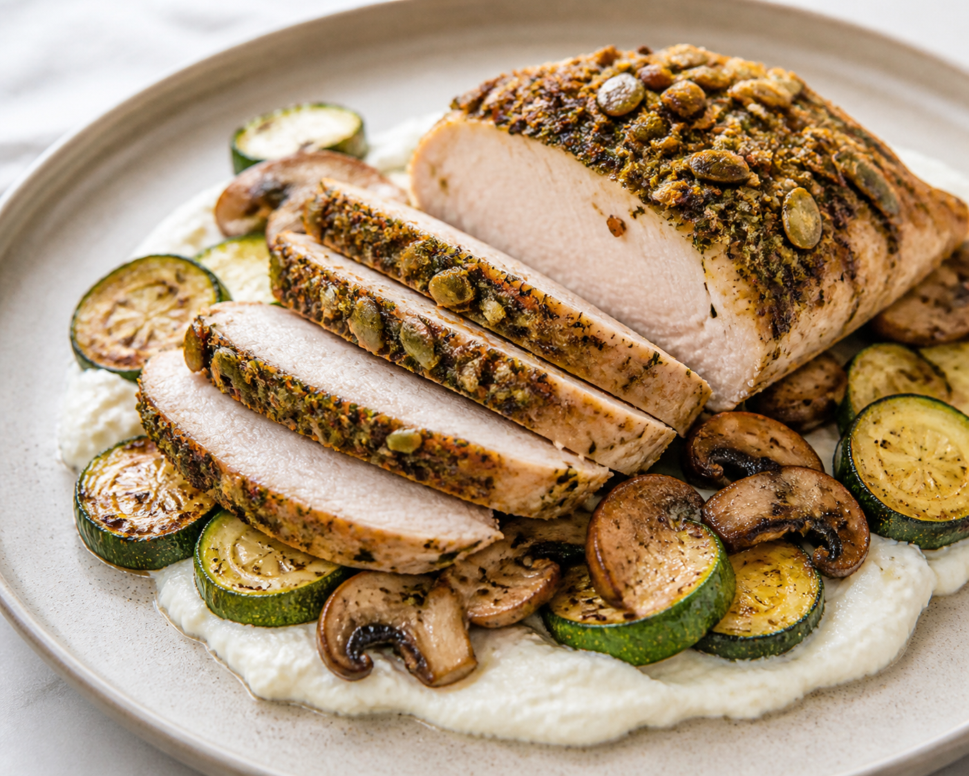 Pavo al horno con costra de hierbas y pepitas sobre calabacín asado, champiñones al ajo y crema ligera de ricotta con limón