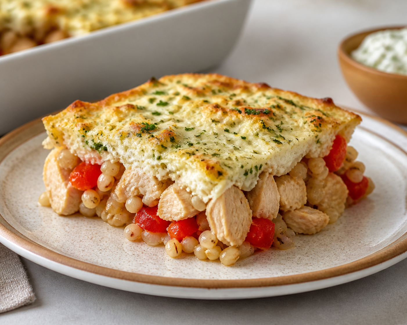 Family Pearl Barley Bake with Lemon Chicken, Roasted Peppers and Herbed Cottage Cheese Crust