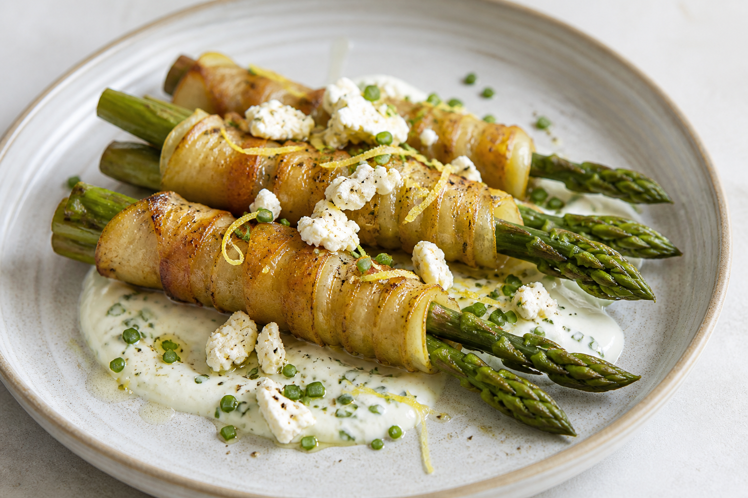 Air Fryer Potato-Wrapped Asparagus with Warm Goat Cheese, Lemon and Chive Cream