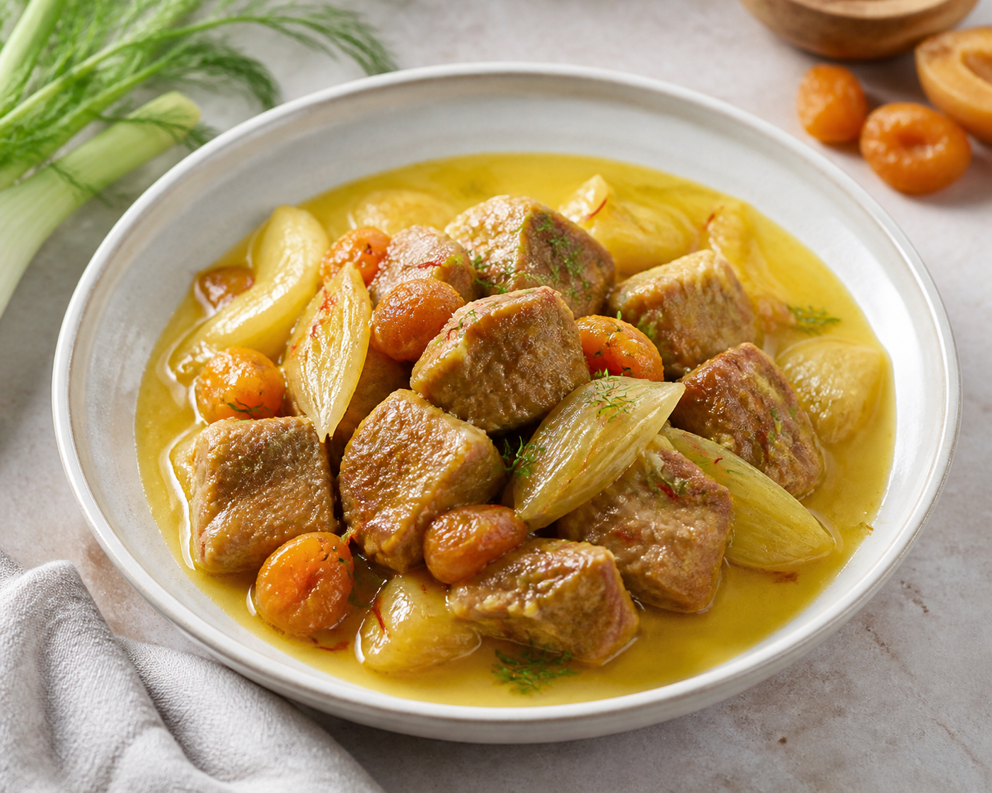 Cerdo en slow cooker con hinojo, albaricoques secos y salsa suave de azafrán y limón